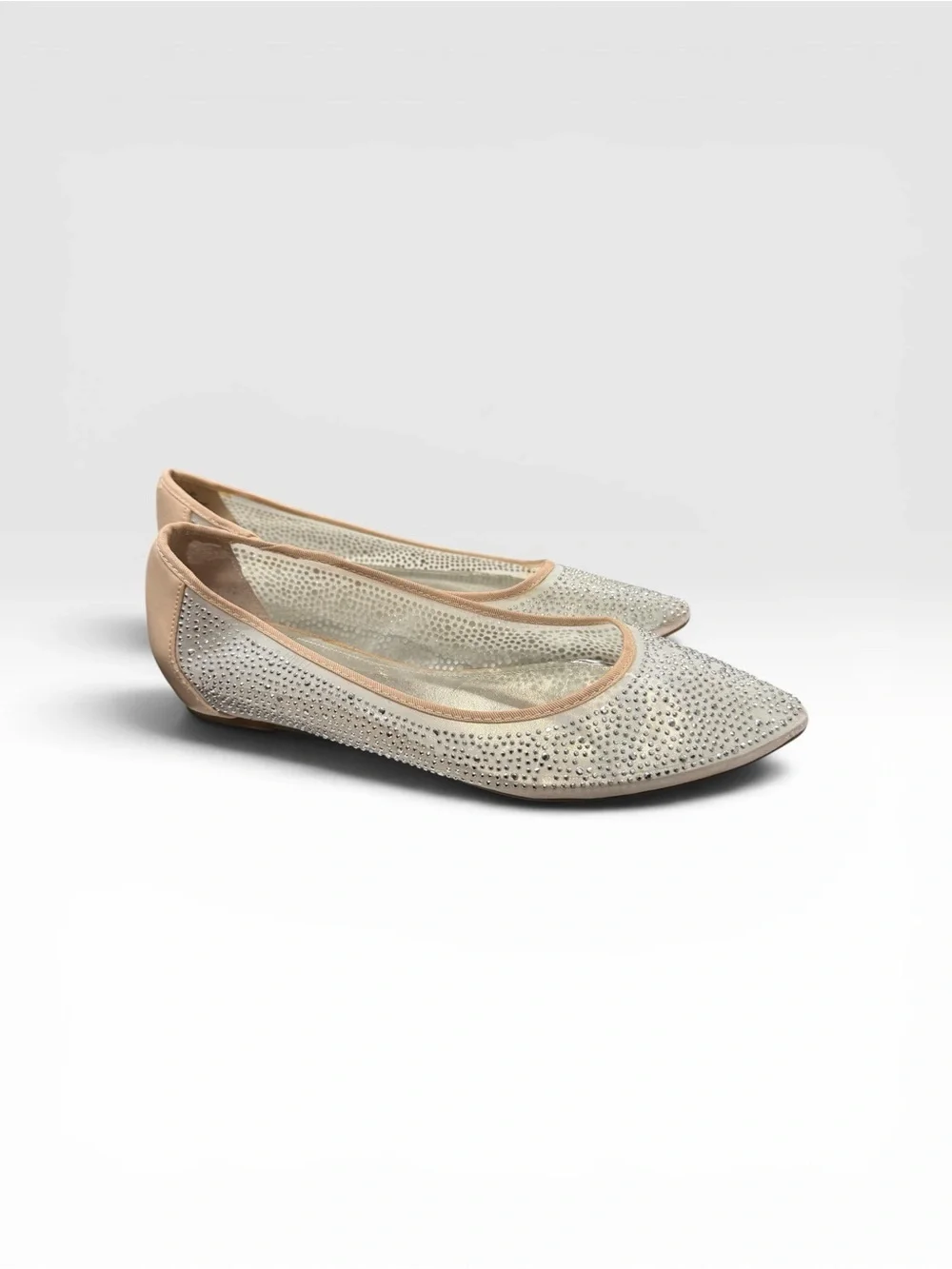 Jennifer Lopez Silver Rhinestone Pointed Toe Ballet Flats with Tan Trim